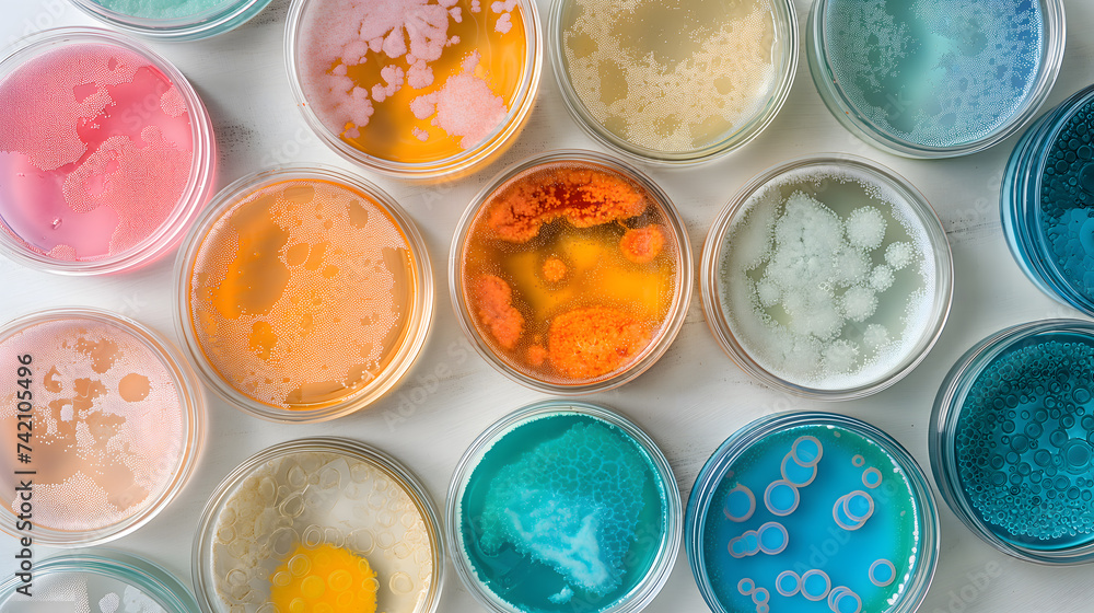 Colorful Array of Bacterial Colonies in Petri Dishes Colorful Array of Bacterial Colonies in Petri Dishes