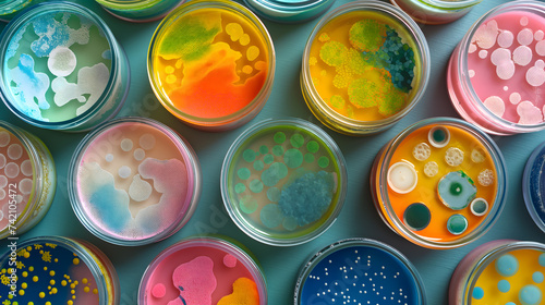 Colorful Bacterial Cultures in Petri Dishes