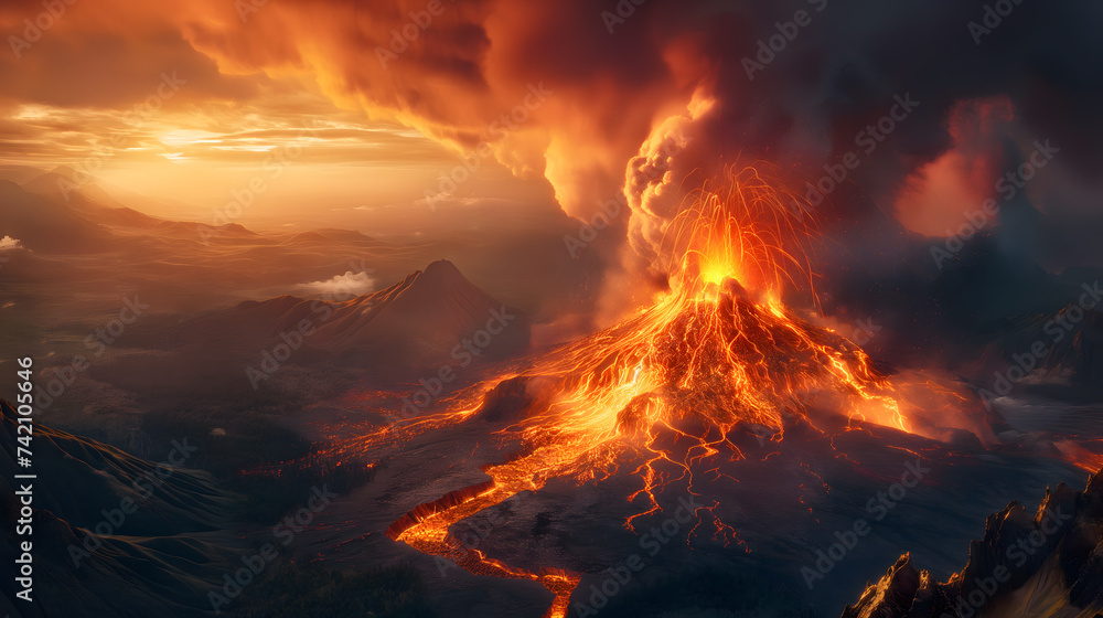 Majestic Volcano Eruption at Sunset