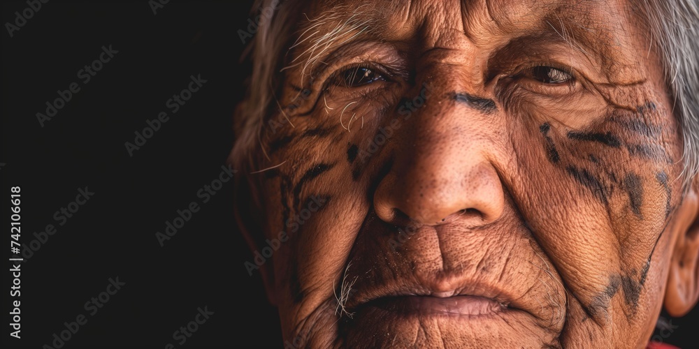Portrait of a senior Native American man with weathered features, his face adorned with symbols of tribal wisdom and resilience, reflecting a lifetime of heritage and tradition