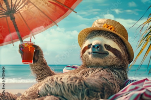 a crazy sloth lies chilled by the sea with a sun hat and a drink in his hand, summer vacation
