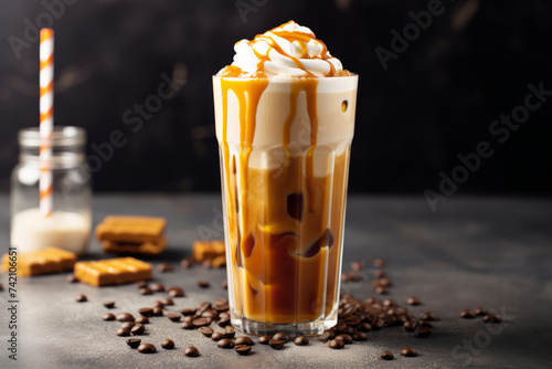 Iced caramel latte coffee in a tall glass with caramel syrup