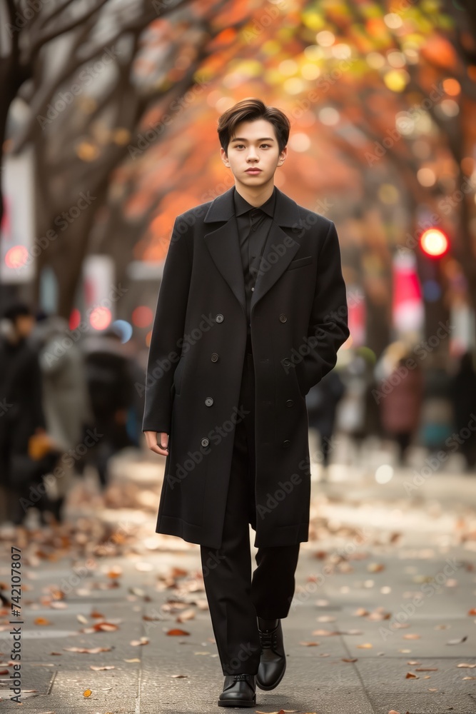 Stylish young man walking in autumn cityscape