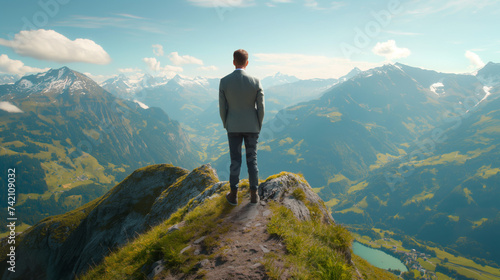 A man in a business suit stands with his back to the camera at the peak of a mountain, with a beautiful mountain landscape in the background. His hands are in his pockets. photo
