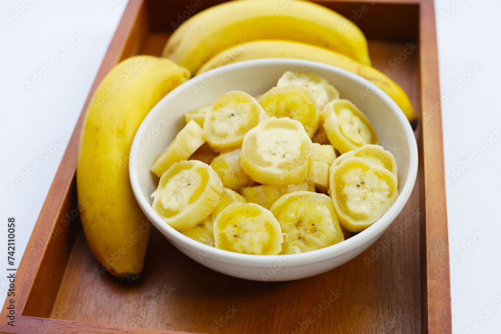 Banana slices on white background. Banana slices on white background.