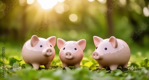  Piggy banks in a sunny garden, symbolizing savings and growth