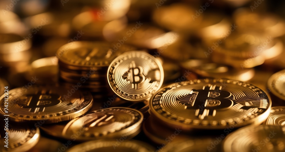 A pile of Bitcoin coins, symbolizing digital currency and wealth A pile of Bitcoin coins, symbolizing digital currency and wealth