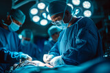A team of surgeons in scrubs and surgical masks intently perform a surgery under the bright lights of an operating room, showcasing the precision and focus required in medical procedures.
