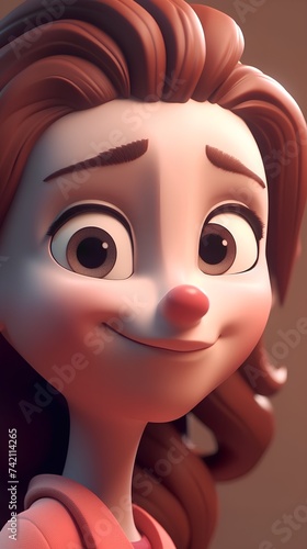 Smiling girl with red hair and big eyes. 3d rendering