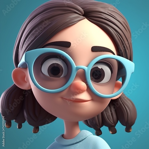 Cartoon girl with blue glasses on blue background, 3d render © Ai