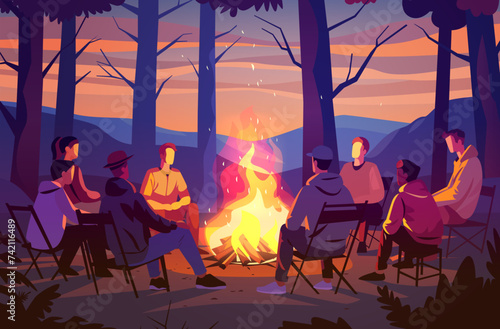 hikers sitting near campfire hiking camping concept people spend time at night summer camp in forest friends company on vacation