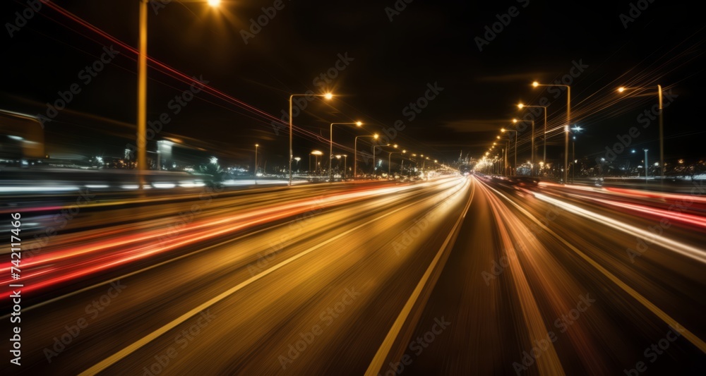  Vibrant city lights at night, blurred motion of traffic