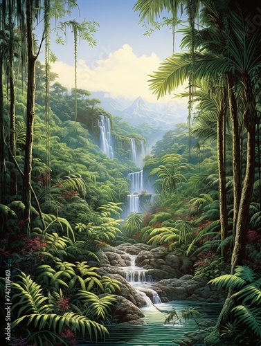 Lush Jungle Waterfalls Panoramic Landscape Print - Cascading Streams and Wide Jungle Views