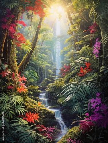 Waterfalls Pathway: Lush Jungle Trails Painting, Serene Walks by the Waterfalls