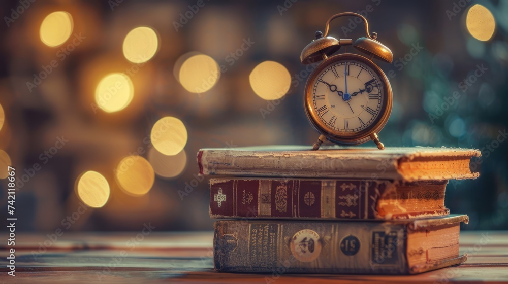 The importance of time management and education with an image featuring an alarm clock placed on a stack of books against a bokeh-blurred background. Generative AI technology The importance of time management and education with an image featuring an alarm clock placed on a stack of books against a bokeh-blurred background. Generative AI technology