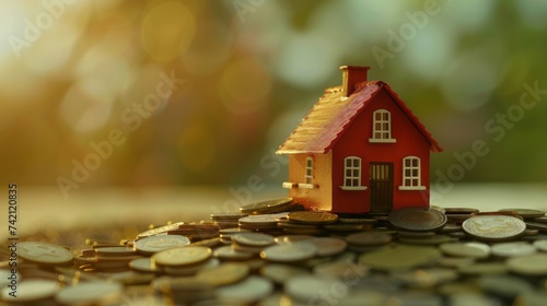 Wallpaper Mural The dream of homeownership and financial stability with an image of a small house resting atop a pile of coins. Generative AI technology Torontodigital.ca