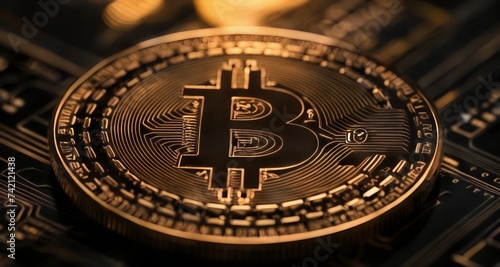  Digital currency in the spotlight - A Bitcoin coin on a circuit board