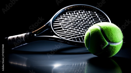 new tennis racket and ball on perfect black background .for sports marketing, athletic training content, and sporting goods promotion. © Margo_Alexa
