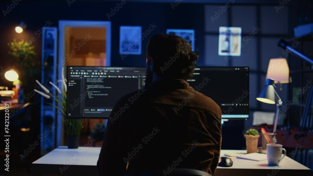 Software engineer writes binary code scripts on computer and drinks coffee. IT specialist in home office enjoying hot beverage while using programming to safeguard consumer data, camera B Software engineer writes binary code scripts on computer and drinks coffee. IT specialist in home office enjoying hot beverage while using programming to safeguard consumer data, camera B