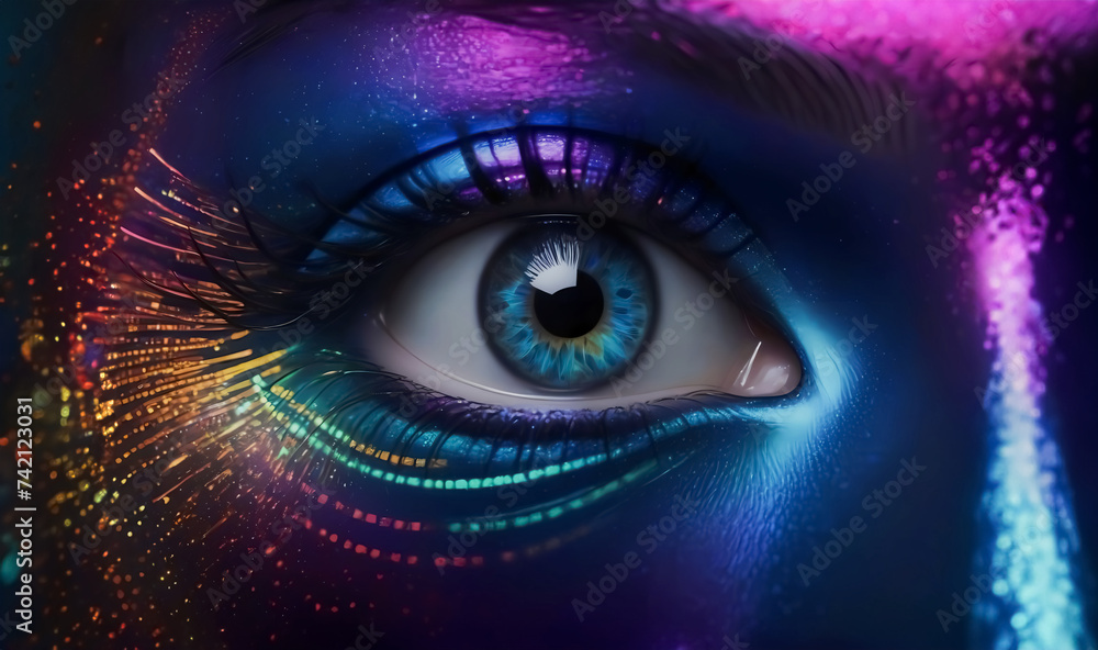 Multi-Color Cyberspace Nahaufnahme von Auge einer Frau mit farbreichen Make-Up, Technologie Digitale Welt Hintergrundbild Wallpaper,  Kunstvolles Futuristisches Makeup