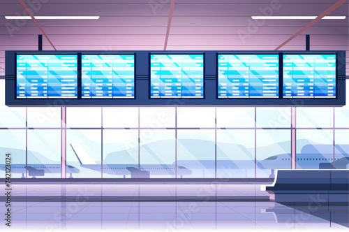 Airport interior waiting hall departure lounge with information monitors modern terminal travel and transportation concept