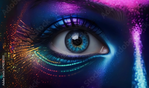 Multi-Color Cyberspace Nahaufnahme von Auge einer Frau mit farbreichen Make-Up, Technologie Digitale Welt Hintergrundbild Wallpaper, Kunstvolles Futuristisches Makeup