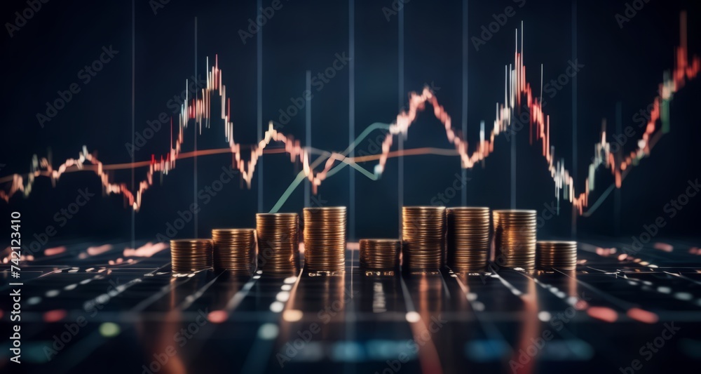 Prosperity in motion - Financial success symbolized by a stack of coins and a dynamic stock chart Prosperity in motion - Financial success symbolized by a stack of coins and a dynamic stock chart
