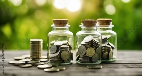  Savings in glass jars with coins, symbolizing financial planning and budgeting