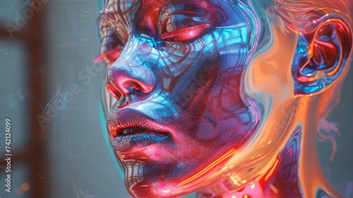 a 3d model of a human with colorful eyes, in the style of fluid impressionist landscapes, light pink and blue, filthy sculptures, fluid. Generative AI.