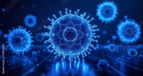  Illustration of a virus particle with a glowing blue halo