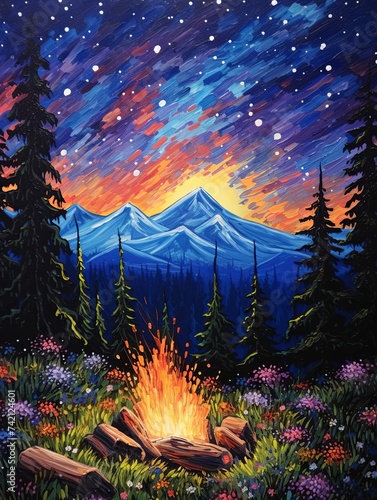 Starry Night Campfires: Acrylic Landscape Art with Fiery Hues and Night Views © Michael