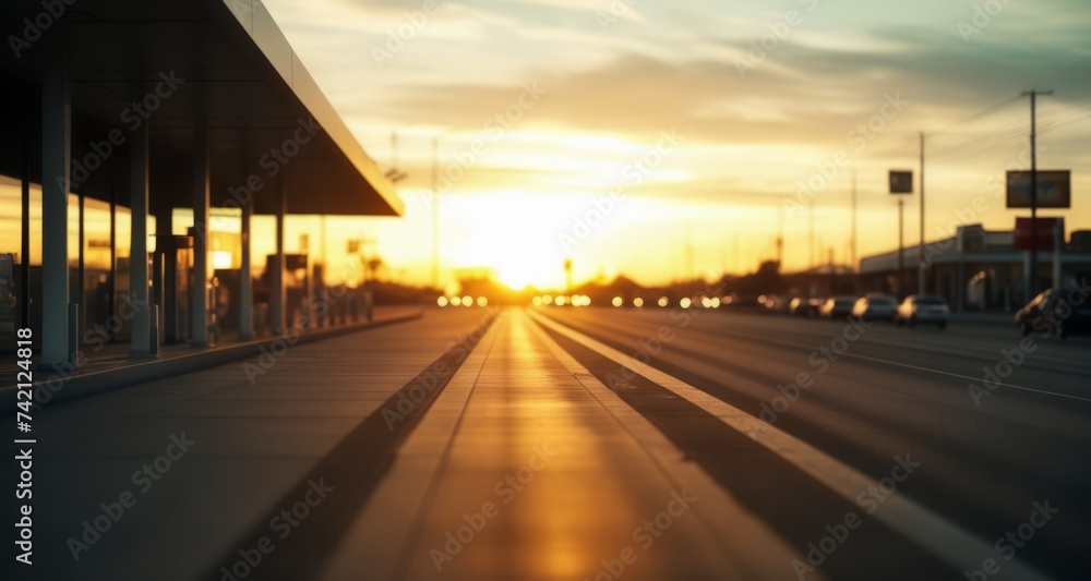  Golden hour cityscape with blurred cars and buildings