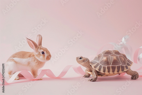 The classic fable characters rabbit and tortoise adorned with pretty pastel ribbons, posing together on a soft light pink background
