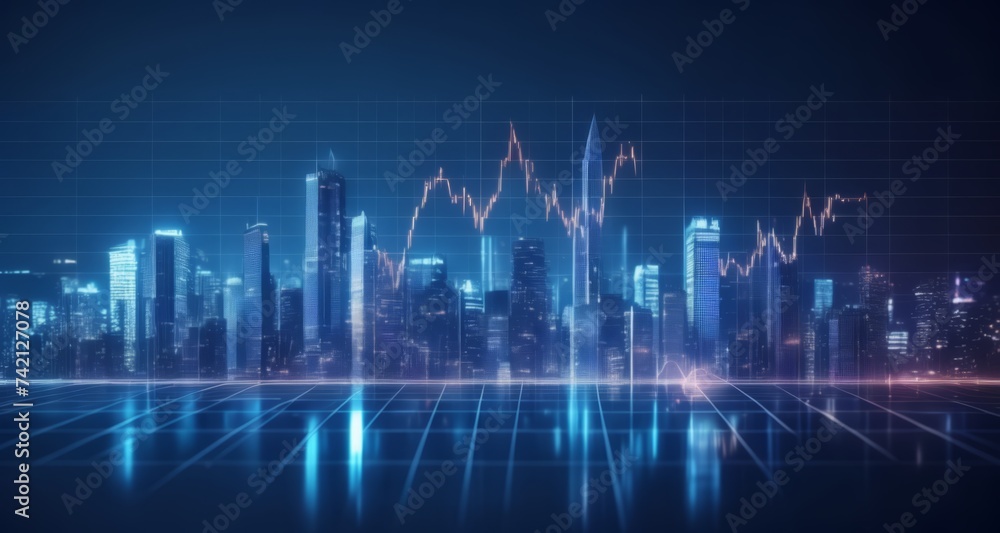  Cityscape with digital grid and stock market charts, symbolizing financial technology and urban innovation