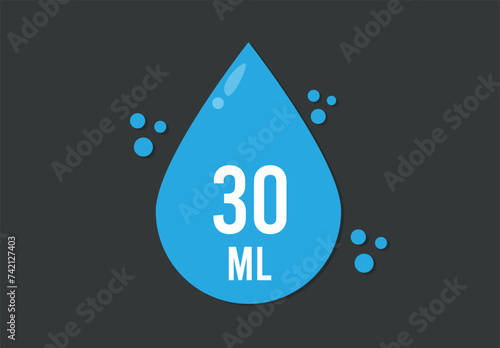 30 ml. Vector volume of 30 milliliters. Liquid drop design isolated on dark background