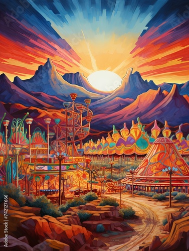 Vibrant Carnival in Desert: Sandy Fairgrounds Midways Art photo