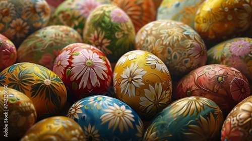 Assorted detailed hand-painted Easter eggs with floral patterns.