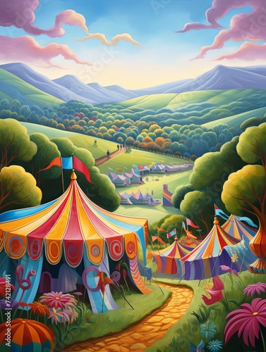 Vibrant Carnival Midways Valley Landscape: Festival Tents View