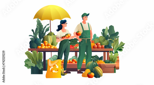 man woman farmers sellers offering fruits and vegetables organic natural food eco local grown products horizontal