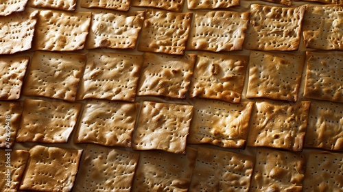 Close up of intricate patterns and texture on traditional matzah bread, ideal for text placement. photo
