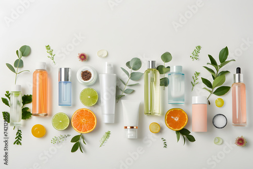 スキンケア用の化粧品ボトルをディスプレイしている美容広告写真