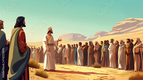 Illustration of Jesus preaching in the desert to his apostles and disciples during the day in high resolution and high quality. holy week concept