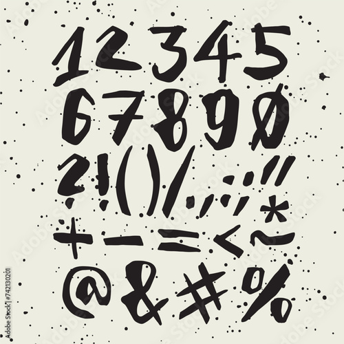 Vector handwritten calligraphic ink alphabet, numbers and symbols, black on white background. Hand drawn alphabet written with brush pen. (ID: 742130201)