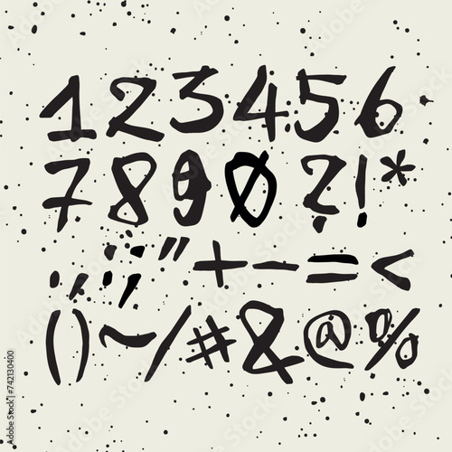 Vector handwritten calligraphic ink alphabet, numbers and symbols, black on white background. Hand drawn alphabet written with brush pen. (ID: 742130400)