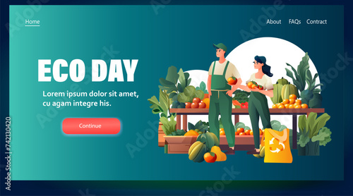 man woman farmers sellers offering fruits and vegetables organic natural food eco local grown products horizontal