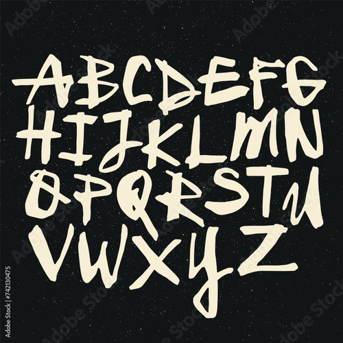 Vector handwritten calligraphic watercolor alphabet, white on black background. Hand drawn alphabet written with brush pen. Mayuscula – big letters. (ID: 742130475)