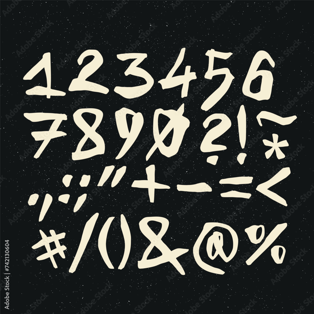 Vector handwritten calligraphic ink alphabet, numbers and symbols, white on black background. Hand drawn alphabet written with brush pen. Vector handwritten calligraphic ink alphabet, numbers and symbols, white on black background. Hand drawn alphabet written with brush pen.