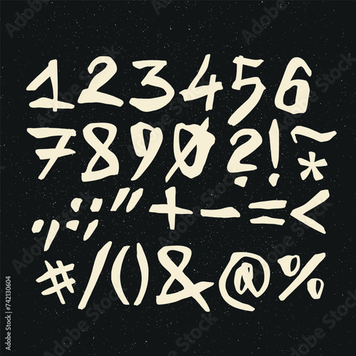 Vector handwritten calligraphic ink alphabet, numbers and symbols, white on black background. Hand drawn alphabet written with brush pen. (ID: 742130604)