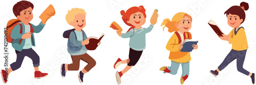 illustration of children in spring. coming home from school wearing a bag, carrying books, studying and playing in the garden when the flowers and leaves bloom in spring.