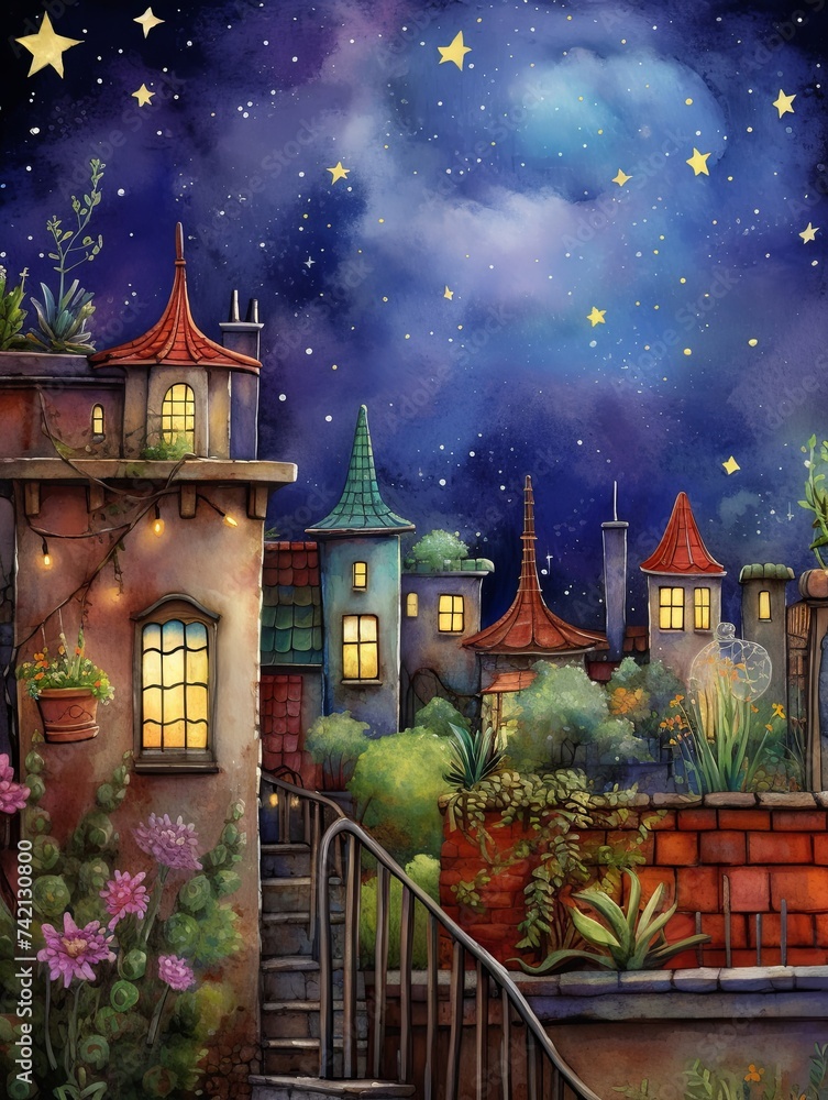 Fototapeta premium Whimsical Stargazing Rooftops: Serene Rooftop Garden Under a Blanket of Stars